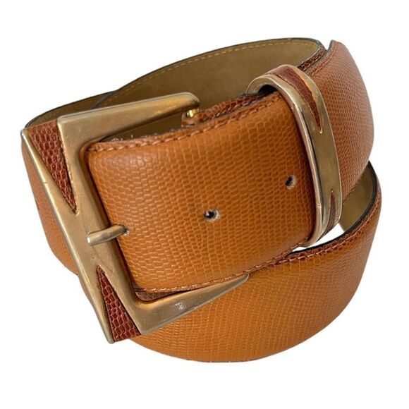 Statement 2” Wide Belt Made in Italy British Tan Lizard Embossed Leather Medium main image 4